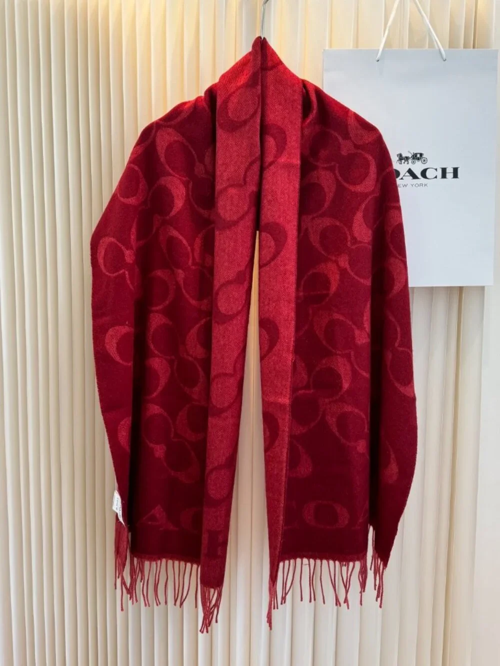Coach Classic Monogram C Logo Burgundy Fringe Scarf Warm Cozy Designer Shawl